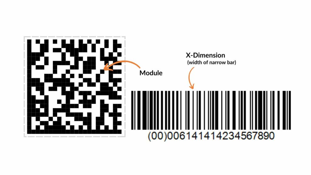 An image of a 1D and 2D barcode. The arrows indicate that on 1D barcodes the narrow bar is called the X-Dimension. On 2D barcodes like Data Matrix, the individual squares are called modules.