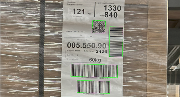 Plastic wrapped pallet label scanned by Viziotix barcode scanner software